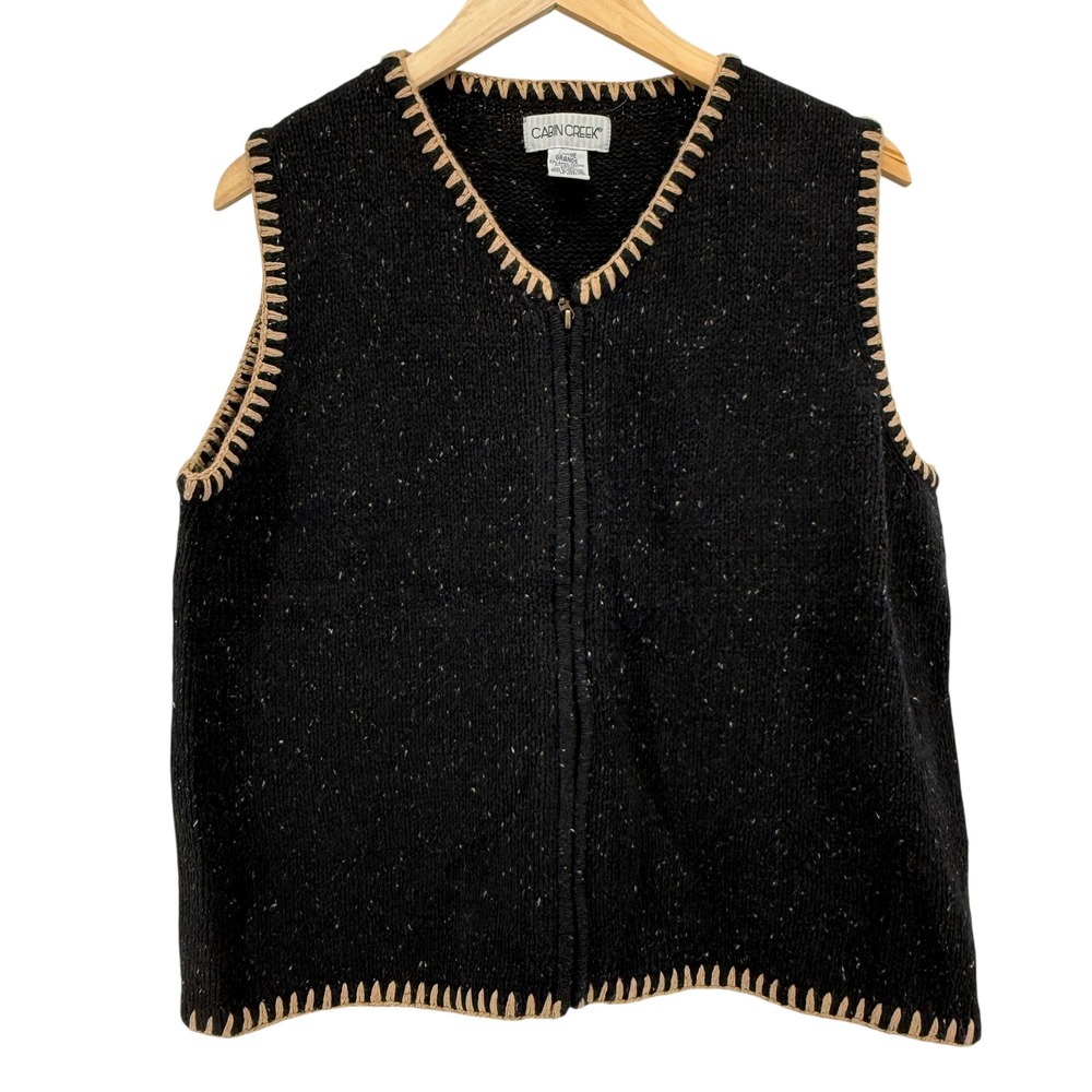 Cabin Creek Vest Womens Large Black Tan Trim Speckled Knit Zip Up Ramie Warm - Picture 7 of 12